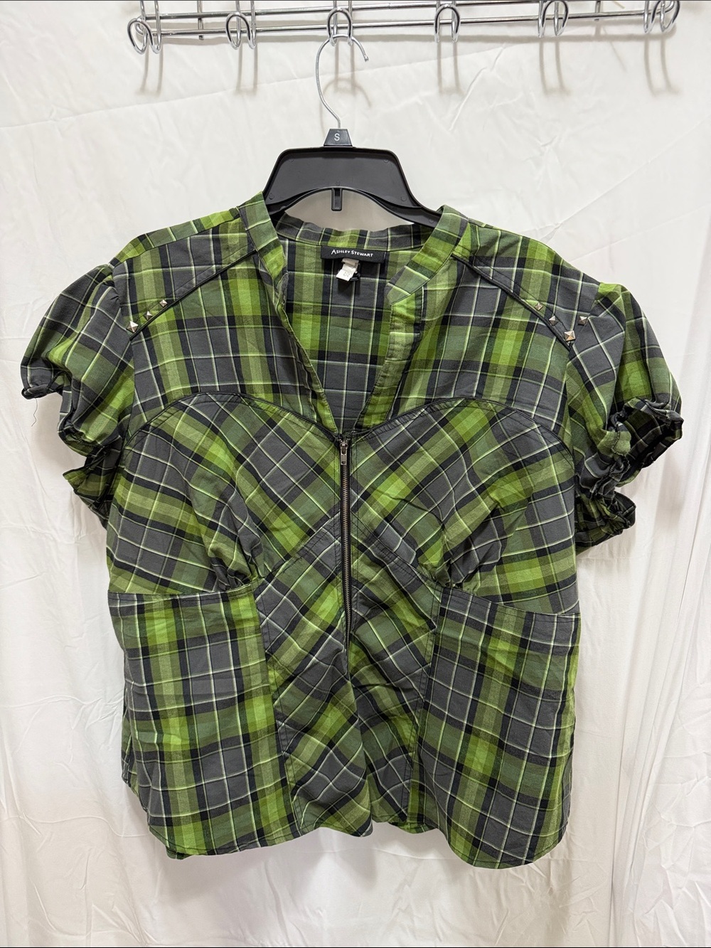 Ashley Stewart Green and Black Plaid Zip Front Top